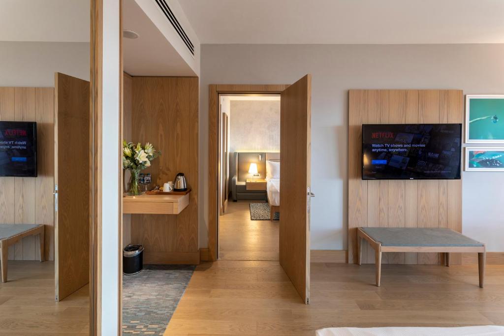 family room with balcony